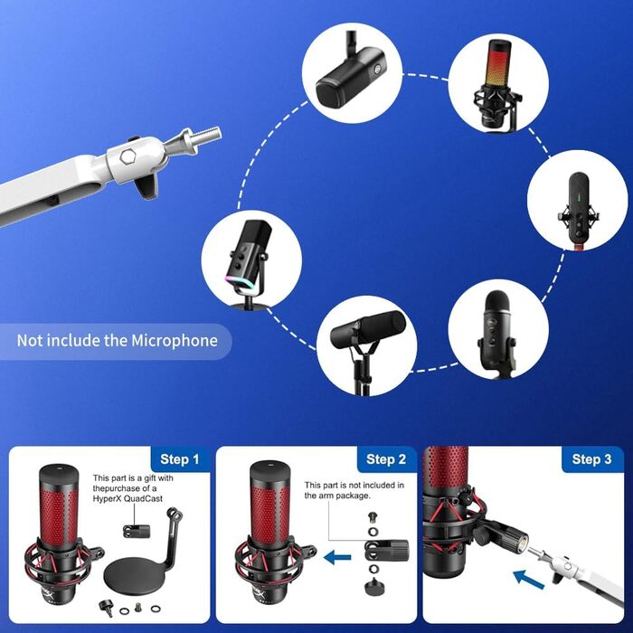 Мікрофонний стійкий кронштейн з металевим плечем 15 см, білий – для подкастів, стрімінгу, геймінгу. З кабелеуправлінням