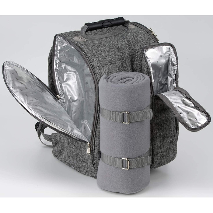 Рюкзак для пікніка на 2 особи BruBaker сірий, 28x40x22 см з термокишенею, ізольованим утримувачем для пляшок та флісовою ковдрою з водонепроникним дном