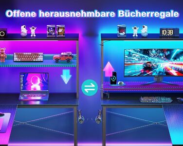 Ігровий стіл Coleshome L-подібної форми з LED-підсвічуванням та розетками, 115 × 80 см. Реверсивний стіл з полицями для зберігання, чорний. Підходить для home office та геймінгу.