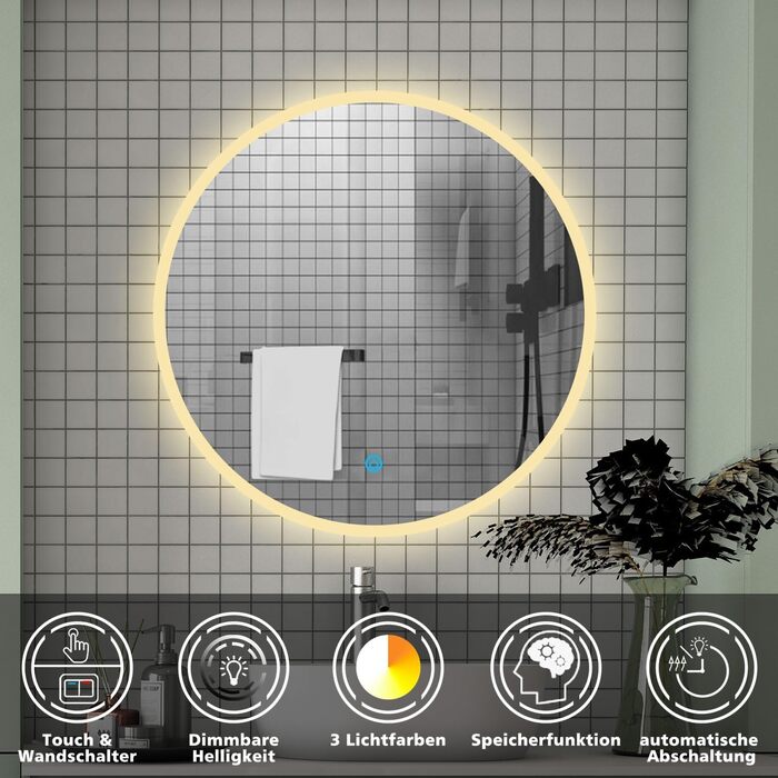 Дзеркало для ванної кімнати Aica LED кругле 50 см, регулювання кольору (холодне/нейтральне/тепле), диммування, функція пам'яті, сенсорне управління, запобігання запотіванню, автоматичне вимкнення (40x40 см)