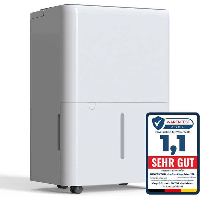 Електричний осушувач повітря Newentor 12L для підвалу, 35dB, з гофрованим шлангом 1м, для приміщень до 25м², 10 років гарантії, фільтр, таймер, 12л/день