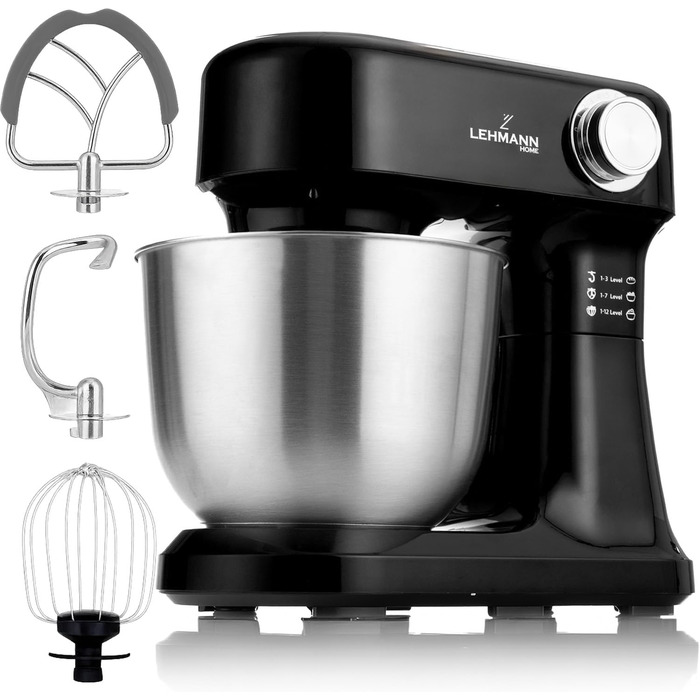 Кухонна машина Lehmann - планетарний міксер з набором аксесуарів - 3 насадки, захист від бризок, 5л чаша, 12 швидкостей, захист від перегріву, неслизька, чорний