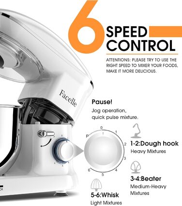 Кухонна машина Facelle 1500W з нержавіючою чашею 6.2 л, 6 швидкостей, міксер для тіста, планетарний міксер