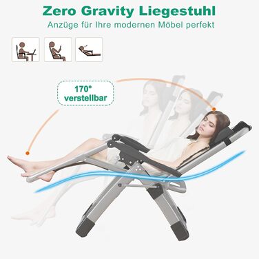 Шезлонг для відпочинку, розкладний, 200 кг, Zero Gravity, з подушкою, підстаканником, широкий, регульований, для саду, патіо, пляжу, басейну (блакитний)