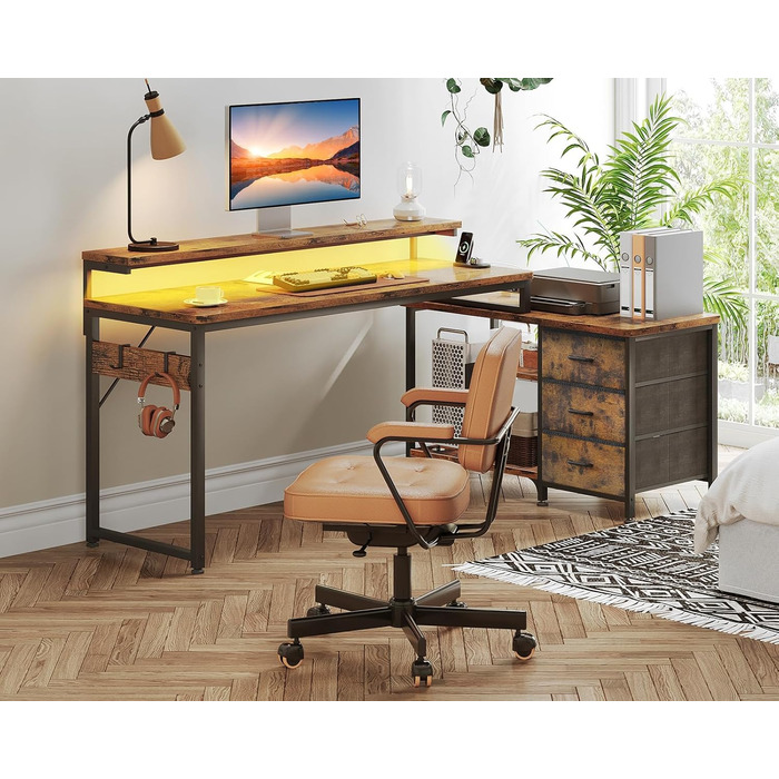 Кутовий стіл ODK з ящиками 174x100 см, з полицею, реверсивний, для геймінгу, офісу, дому, коричневий