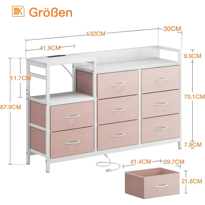 Комод ODK з висувними ящиками, 2 порти USB та 2 AC, багатофункціональний для спальні/вітальні, 132x30x88 см, білий/рожевий