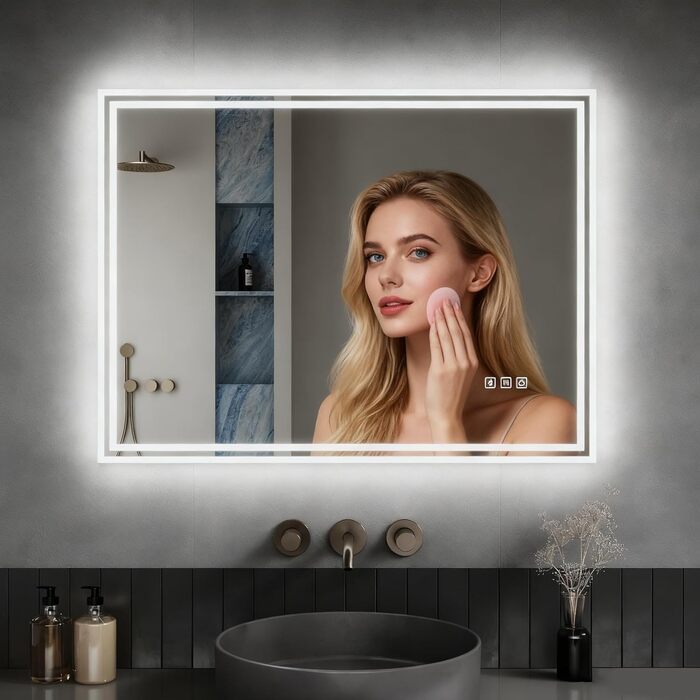 Дзеркало для ванної кімнати LOMIKEN з підсвічуванням, 60x50x3,5 см, LED, 6400K, холодний білий, економія енергії, вертикальне/горизонтальне кріплення, вимикач, захист від запотівання, 3 колірні температури