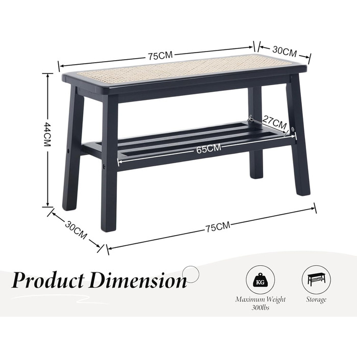 Лавка для взуття Wahson з ротанга, 2 яруси, сільський стиль, 30x75x44 см, чорна