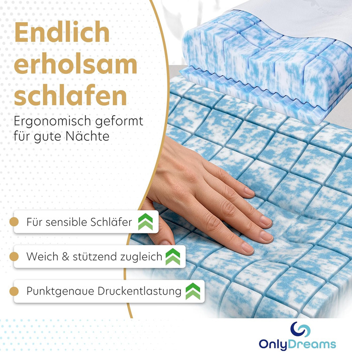 Ортопедична подушка для шиї OnlyDreams з гелевим шаром | Регульована висота + жорсткість | Чохол з алое вера | Підходить для сну на спині, животі та боці | Оeko-TEX (Преміум гель)