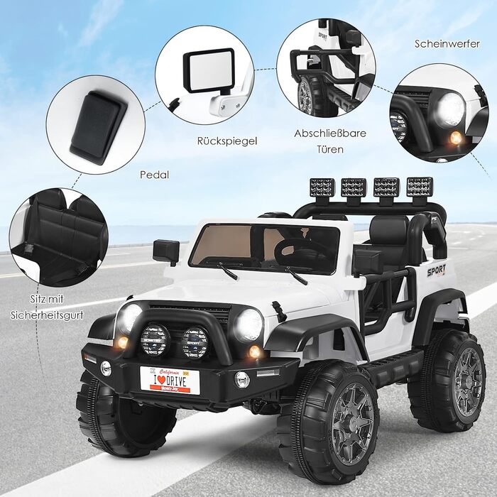 Дитячий електромобіль DREAMADE 12V, двомісний, з пультом ДУ, LED-підсвіткою, музикою, USB, для дітей від 3 років, білий