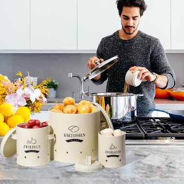 Набір контейнерів для картоплі Theo&Cleo, ретро дизайн, металевий контейнер для зберігання картоплі, кухове зберігання, бежевий колір