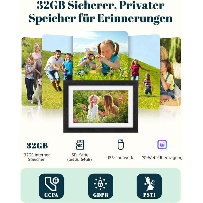 Цифровий фоторамка Eptusmey 10.1 дюйма з Wi-Fi, корпус з дуба, 32GB, IPS Touchscreen, підтримка Uhale APP, для подарунків, білий дуб