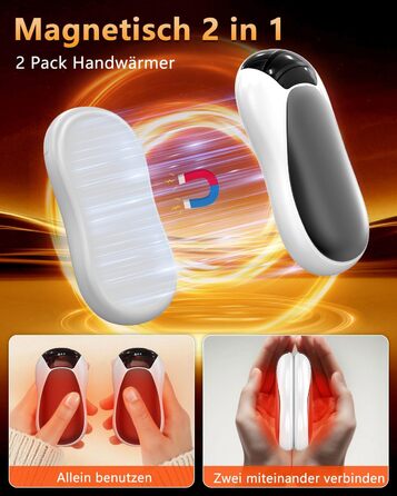 Електричні грілки для рук 2 шт. - Магнітні кишенькові грілки AI, перезаряджувані, 36 годин роботи, багаторазові, компактні грілки для дітей, чоловіків, жінок, білий екран