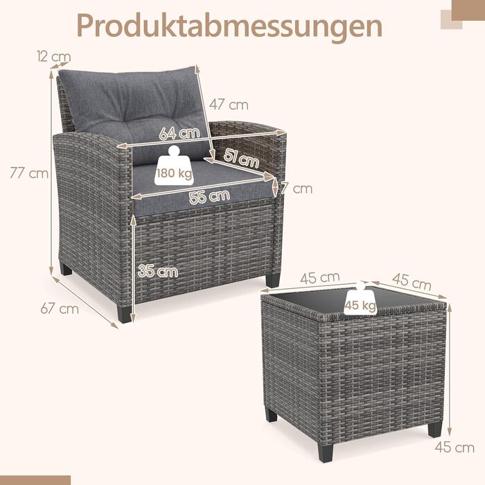 Набір садових меблів GIANTEX з ротангу для балкона та саду: 2 крісла та стіл, сірий з сірим (3 предмети) з подушками