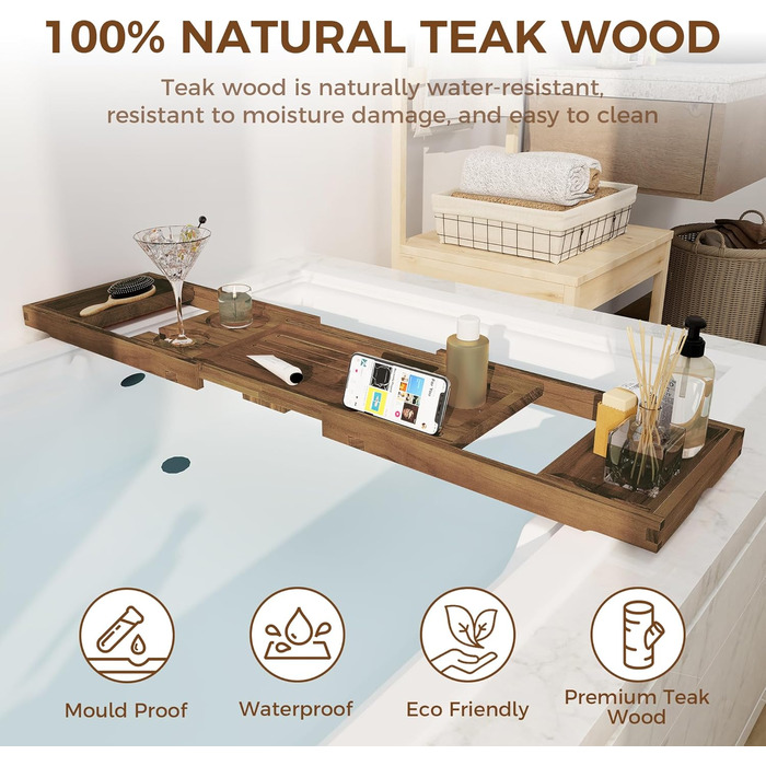 Підставка для ванни з текового дерева, розширювані ручки, тримачі для келиха вина та телефону, підставка для книг, для дому, спа, релаксації та читання, натуральний (темно-волоський)