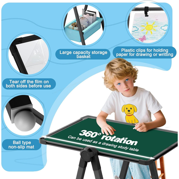 Дитяча мольберт Kinderstaffelei: двосторонній, металевий, регульований по висоті, 360° обертання, дошка для малювання та письма з літерами та цифрами (чорний)