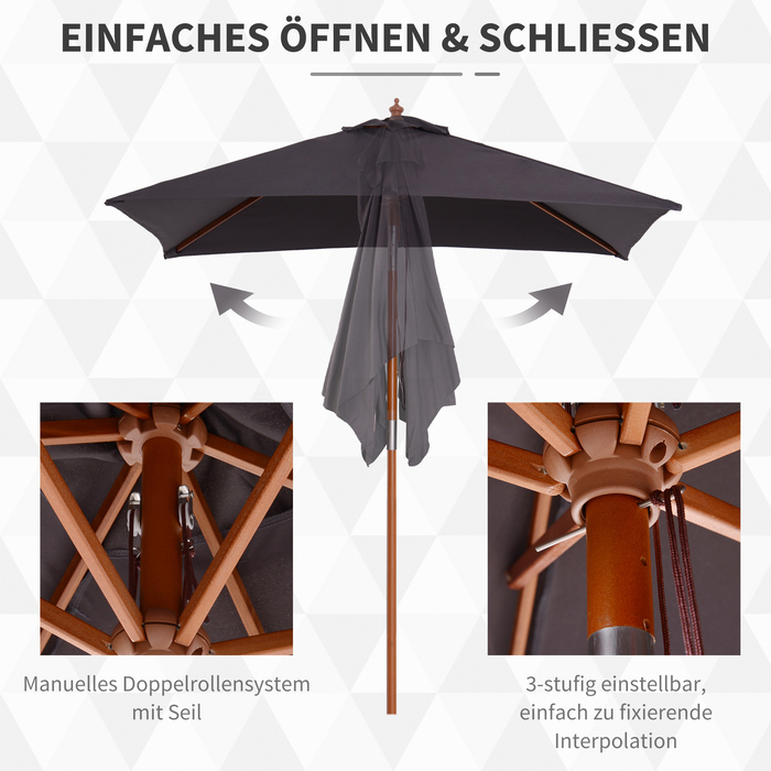 Outsunny Parasol Складна садова парасолька з деревини ялиці, 3-ступінчаста регульована, темно-сіра, 200x150x230см