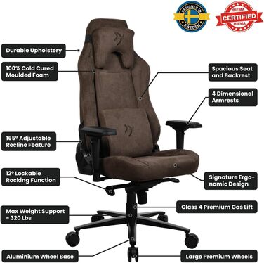 Ігровий та офісний крісло Arozzi Torretta Premium з SoftFabric™, 3D підлокітники, висока спинка, регульована решітка, 2 подушки (Коричневий)