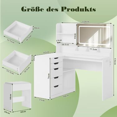 Дзеркальний столик для макіяжу Devoko з LED-підсвічуванням та пуфом, кутовий туалетний столик з розеткою, 5 ящиків, відкриті полиці, тримач для фену, для спальні (білий)