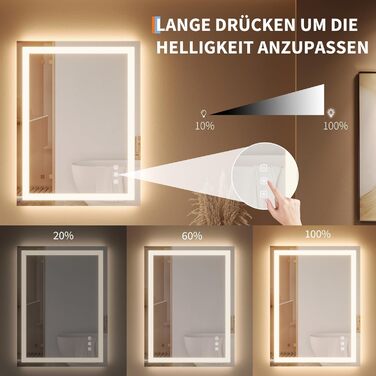 Дзеркало для ванної кімнати Porto Alegre з підсвічуванням, 60x80 см, протизапітніння, 3 кольори світла, регулювання яскравості, LED, сенсорне керування, прямокутне