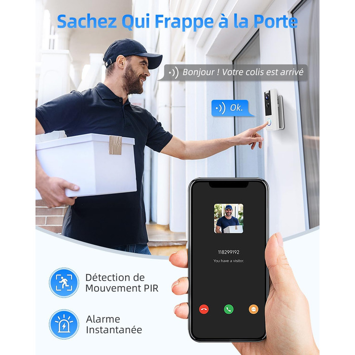 Відеодомофон XTU 2K HD з Wi-Fi, бездротовий, для вулиці, з нічним баченням та PIR-датчиком руху, двосторонній аудіо, білий