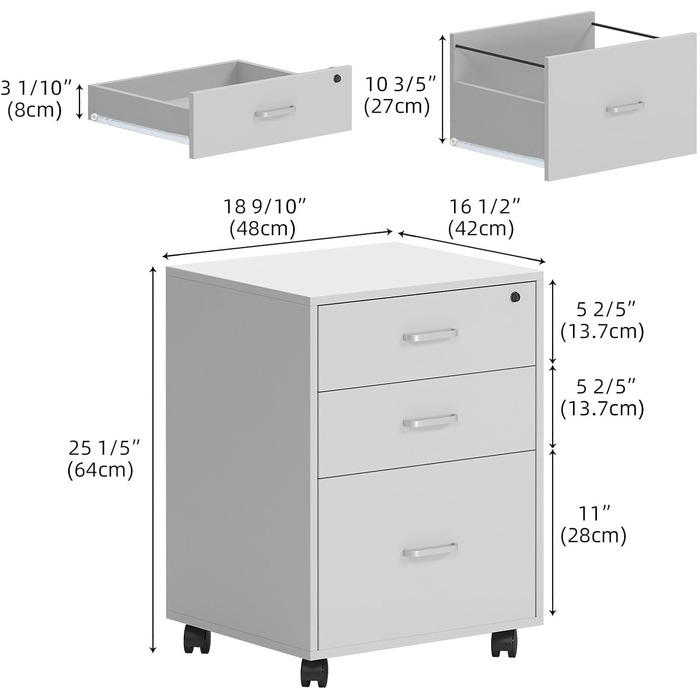 Шафа для документів на колесах SogesHome, офісний контейнер з 3 висувними ящиками, білий, з замком