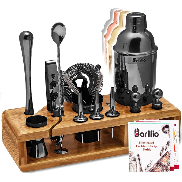 Набір шейкерів Barillio Elite Cocktail Set 23 шт. з бамбуковою підставкою, чорний