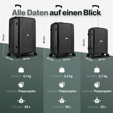 Набір валіз з 3 - Преміум набір валіз з поліпропілену з твердою оболонкою 3 шт. и - з замком TSA - набір валіз для подорожей та ручної поклажі - міцний та стійкий - валіза. (Чорний)
