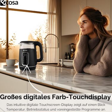 Електричний чайник Ecosa® зі скляною колбою та нержавіючою сталлю, 1,7 л, 2200 Вт, регулювання температури 40°C-100°C, підігрів, LED-підсвічування (Black Pearl)