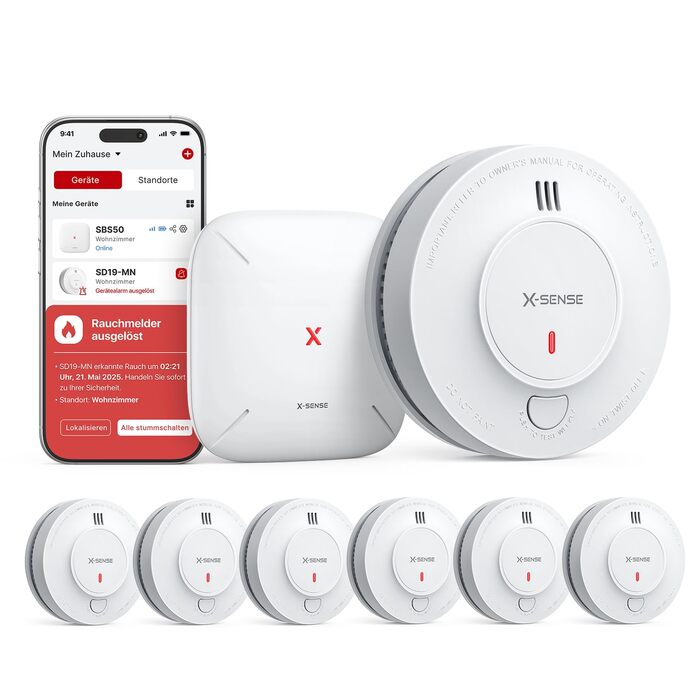 X-Sense Детектор диму з Wi-Fi, 10 років роботи батареї та базовою станцією SBS50 (6 шт.), фотоелектричний, бездротовий, SD19-MN61, білий