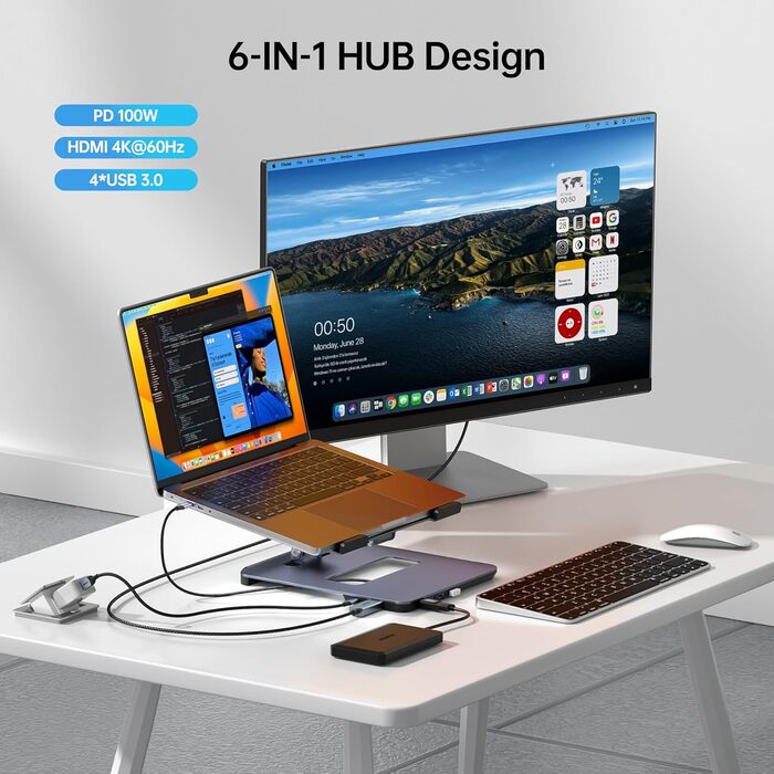 Підставка для ноутбука BENFEI з алюмінію та USB-C док-станцією 6в1, HDMI 4K@60Hz, 4*USB3.0, 100W PD, сумісна з MacBook Pro/Air, iPad Pro, XPS, Thinkpad