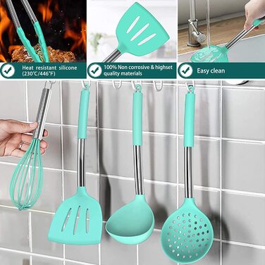 Набір кухонних аксесуарів Umite Chef, 15 предметів, силікон, термостійкий, антипригарний, без BPA, нержавіюча сталь, лопатки, ложки, щипці, вінчики, кухонне приладдя (зелений)