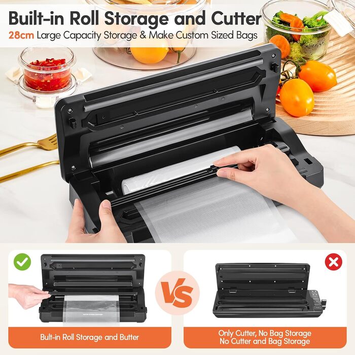 Вакууматор для продуктів сріблястий, 100 Вт, 90 кПа, з вбудованим різачем та цифровим таймером, комплект з 2 рулонами