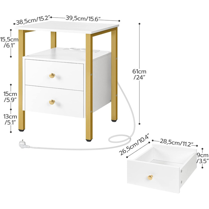 Тумбочка HOOBRO з док-станцією для зарядки, 2 ящики, порти USB, 40x40x6 см, вінтажний білий золотий