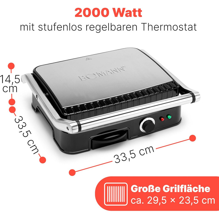 Контактний гриль Bomann KG 2242 CB | 2000W | антипригарне покриття | для приготування Паніні та контактного гриля