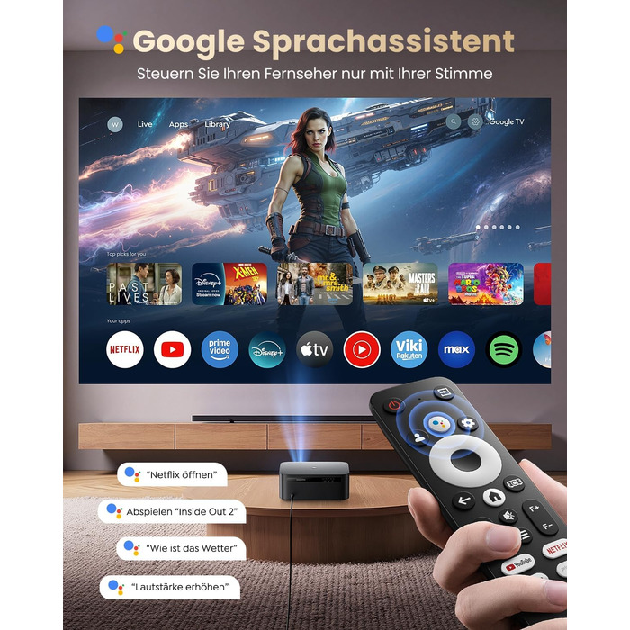 Beamer 4K для дому з Google TV, 1200 ANSI, Netflix, FHD 1080p, автофокус, корекція трапеції, 20W, WiFi6, Bluetooth, для вулиці, чорний