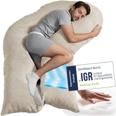 Ергономічна подушка для сну на боці Traumreiter Visco XXL PRO, ортопедична подушка-бумеранг з ефектом пам'яті (Memory Foam) для тіла та шиї, колір льон Deluxe