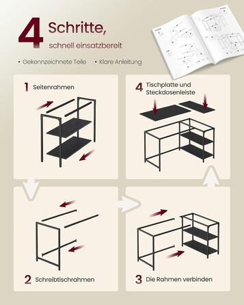 Кутовий стіл VASAGLE L-подібний з полицею, комп'ютерний стіл з місцем для зберігання, офісний стіл для дому, 120 x 80 см, Чорний горіх