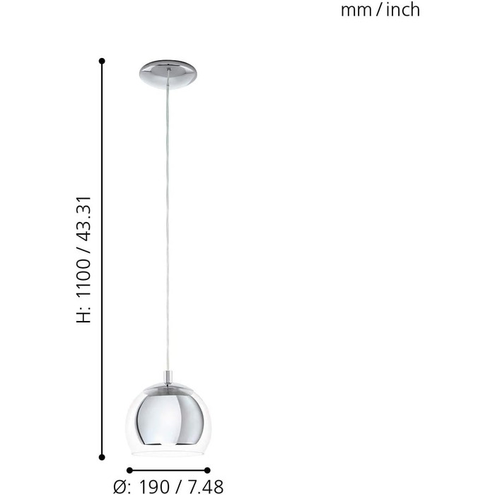 Підвісний світильник EGLO Rocamar, підвісний світильник на 1 полум'я, підвісний світильник з металу в хромі та зі скла в прозорому, лампа для обіднього столу, світильник для вітальні, що висить з цоколем E27, підвісна лампа 1-полум'я