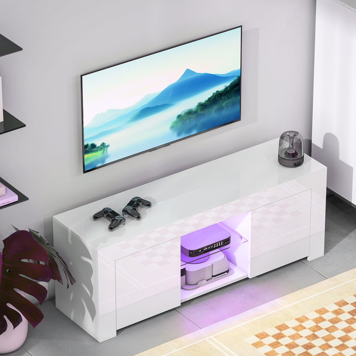 Телевізійна тумба з LED-підсвіткою, 2 дверцятами, скляною полицею, отворами для кабелів, для вітальні, виготовлена з ДСП, білого кольору.