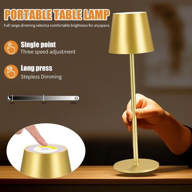 Бездротова лампа настільна LED з регулюванням яскравості та 3 колірними температурами, сенсорне керування, зарядка USB-C, для дому, відпочинку та кемпінгу (G1pack-gold)