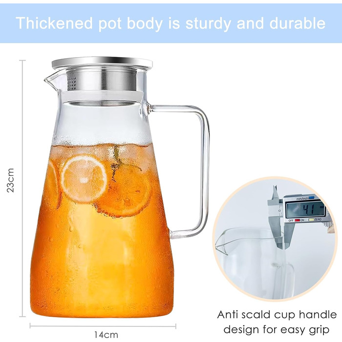 Скляний глечик Nutabevrd 2.3 л з нержавіючою кришкою, фільтром та ручками. Підходить для води, кави, молока, соку, вина та інших напоїв. Легко миється.