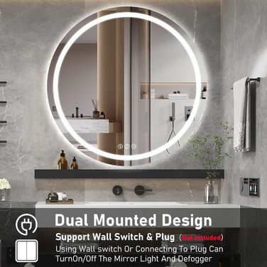 Дзеркало для ванної кімнати з підсвічуванням, 60 см, кругле, з антизапарюванням, регульоване, 3 кольори світла (80x80 см, Bluetooth, антизапар, диммування, 3 кольори)