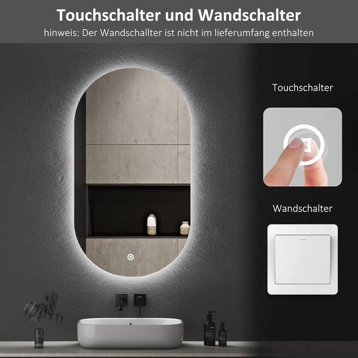 Дзеркало для ванної кімнати Boromal з підсвічуванням, овальне LED, 50x90 см, сенсорне керування, диммування, 3 кольори світла