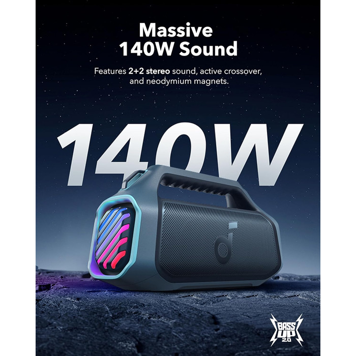 Soundcore Boom 2 Plus - портативна Bluetooth колонка, 140W, IPX7, RGB, Power Bank, BT 5.3 (синій)