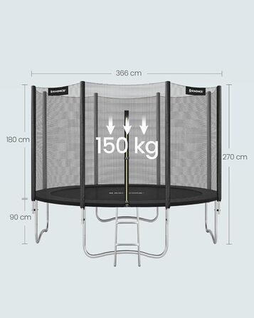 Батут SONGMICS вуличний Ø366 см з захисною сіткою, драбиною та м'якими стійками, чорний