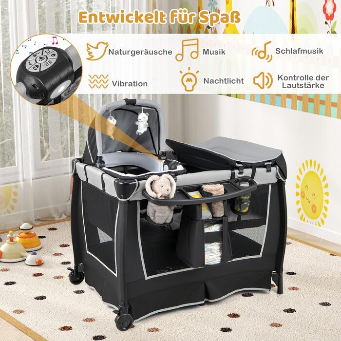 Дитяче туристичне ліжко COSTWAY 5 в 1 з матрацом, сірим кольором, до 15 кг, з пеленатором та іграшкою