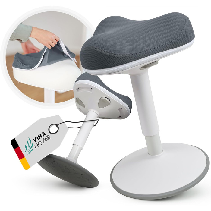 Офісний стілець SH-01 Zip з знімним чохлом | Ергономічний стілець з сертифікацією IGR | Стілець для роботи та відпочинку | З ефектом гойдання | Регульована висота (58-83 см) (ZIP - чохол, графітовий блакитний)