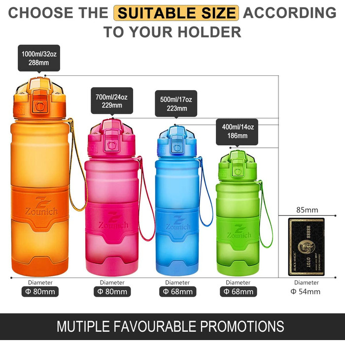 Пляшка для пиття Zounich, 1 л, спортивна, не містить бісфенолу А, герметична, 700 мл / 500 мл / 400 мл, пластикова, для спортивних напоїв, пластикові пляшки для