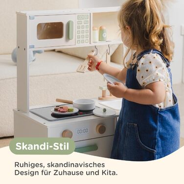 Дерев'яна дитяча кухня Nene Toys – іграшковий кухонний набір з підсвіткою та звуком, мийка, кран, мікрохвильова піч, духовка, полиці, гачки + аксесуари – іграшка Монтессорі від 3 років – подарунок для дівчаток та хлопчиків